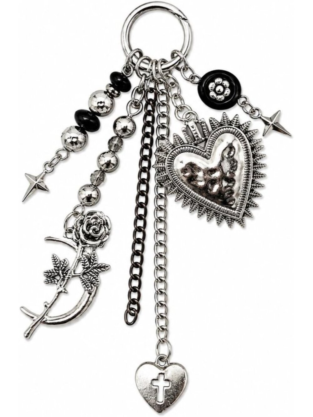 Women's Black Silver Heart Bag Charm Bags Keychain Decorative Purse Handbags,